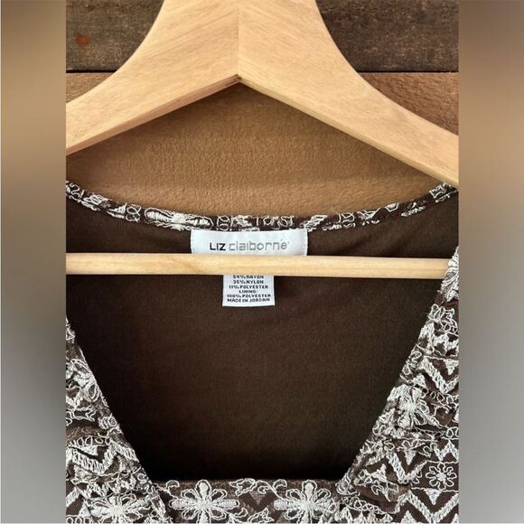 Y2K 2000s Liz Claiborne Floral Embroidered Lace Brown Layered Short Sleeve Top - Picture 10 of 11